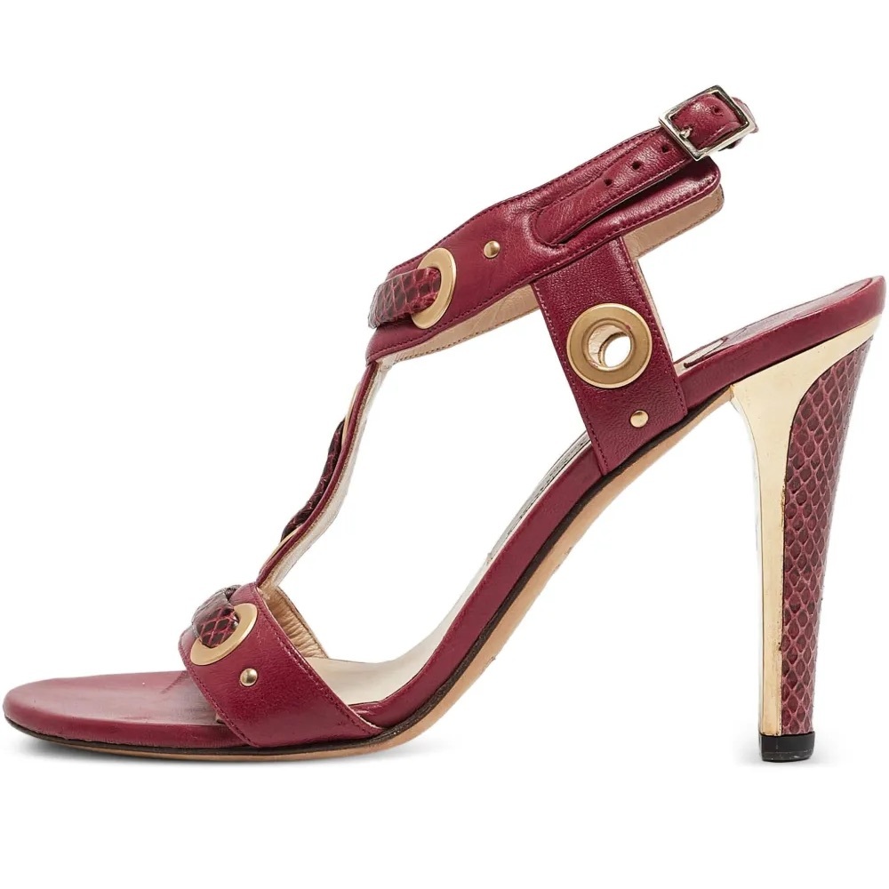 Jimmy Choo Burgundy Leather with Snake Skin Heels and Gold Accents